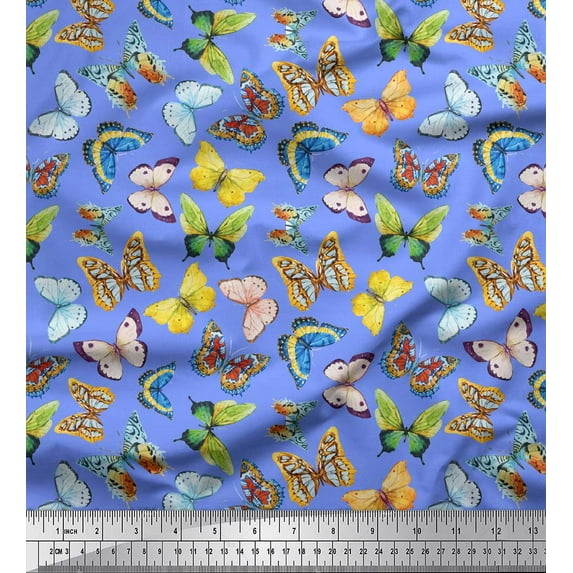 Soimoi Blue Poly Georgette Fabric Colorful Butterfly Printed Fabric 1 Yard 42 Inch Wide