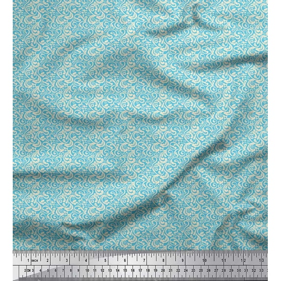 Soimoi Blue Poly Georgette Fabric Filigree Damask Printed Craft Fabric by the Yard 52 Inch Wide