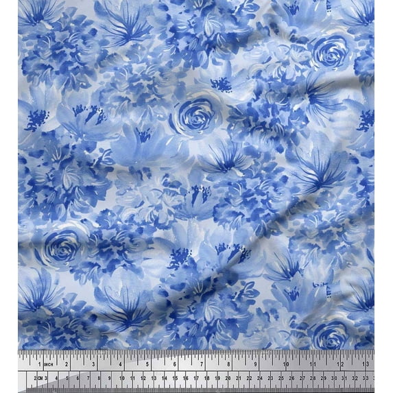 Soimoi Blue Poly Georgette Fabric Floral Print Fabric by Yard 52 Inch Wide
