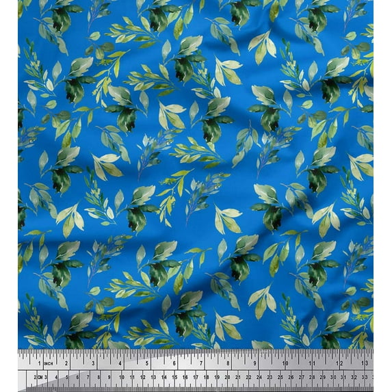 Soimoi Blue Poly Georgette Fabric Flower Leaves Printed Fabric 1 Yard 42 Inch Wide