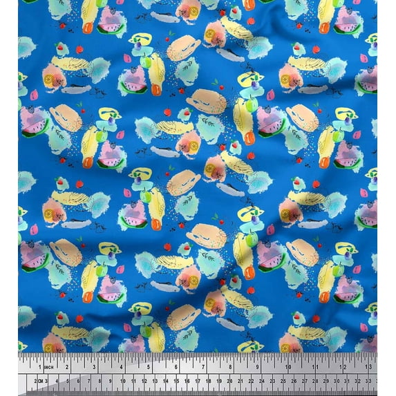 Soimoi Blue Poly Georgette Fabric Fruits & Cookies Food Print Fabric by the Yard 42 Inch Wide