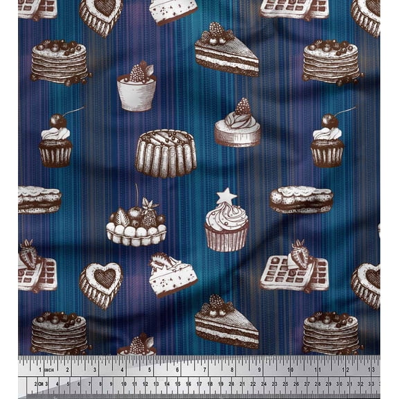 Soimoi Blue Poly Georgette Fabric Fruits & Cupcake Food Print Fabric by the Yard 42 Inch Wide