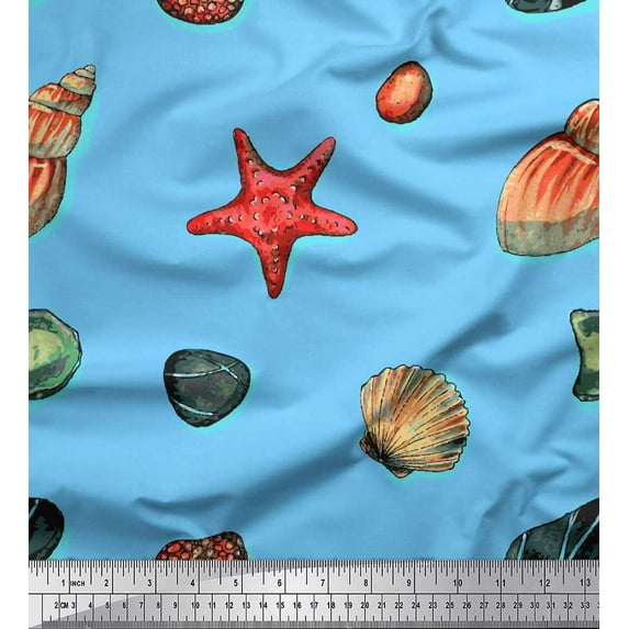 Soimoi Blue Poly Georgette Fabric Gemstone,Seashell & Starfish Ocean Fabric Prints By Yard 42 Inch Wide
