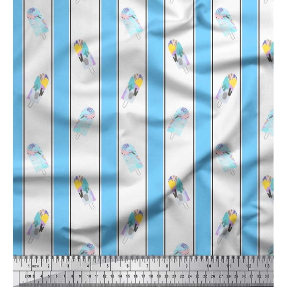 Soimoi Blue Poly Georgette Fabric Ice Cream Pops & Stripe Fabric Prints By Yard 42 Inch Wide
