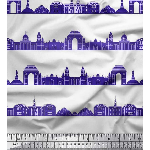 Soimoi Blue Poly Georgette Fabric Indian Monuments Architectural Printed Fabric 1 Yard 42 Inch Wide