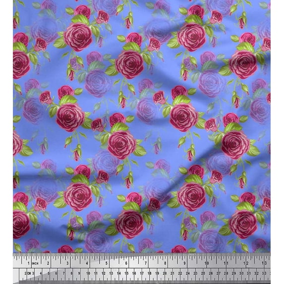 Soimoi Blue Poly Georgette Fabric Leaves & Austin Rose Floral Printed Craft Fabric by the Yard 52 Inch Wide