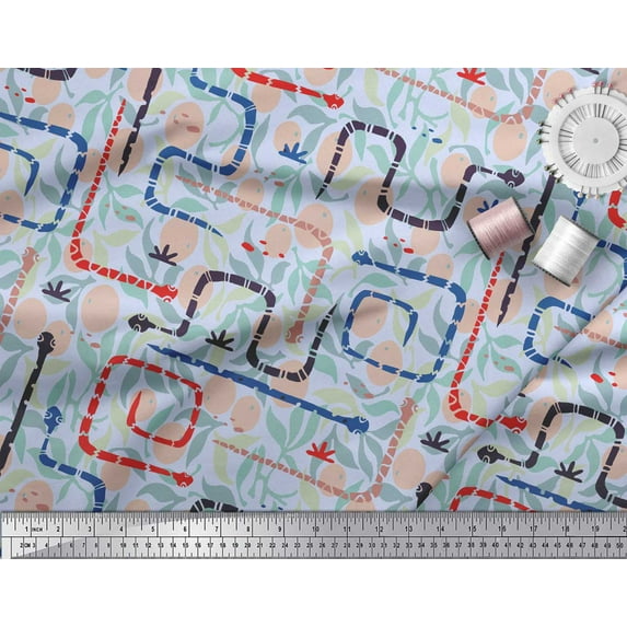 Soimoi Blue Poly Georgette Fabric Leaves,Egg & Snake Reptile Print Sewing Fabric Yard 42 Inch Wide