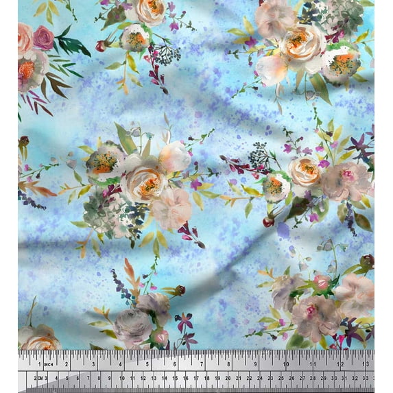 Soimoi Blue Poly Georgette Fabric Leaves & Ranunculus Floral Decor Fabric Printed Yard 52 Inch Wide