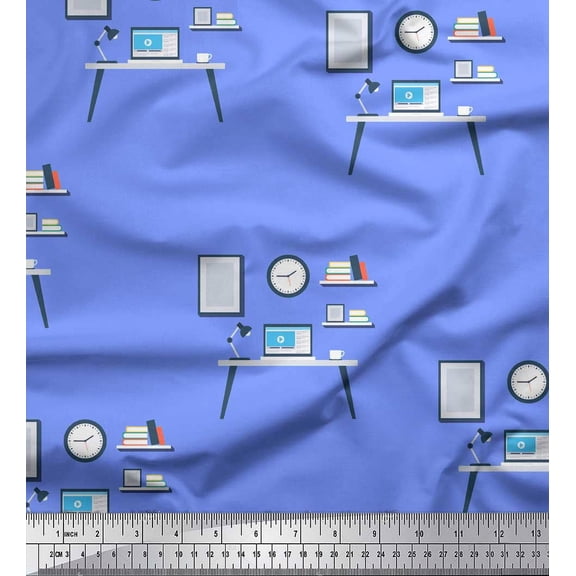 Soimoi Blue Poly Georgette Fabric Monitor,Books & Study Table Education Theme Print Fabric by the Yard 42 Inch Wide