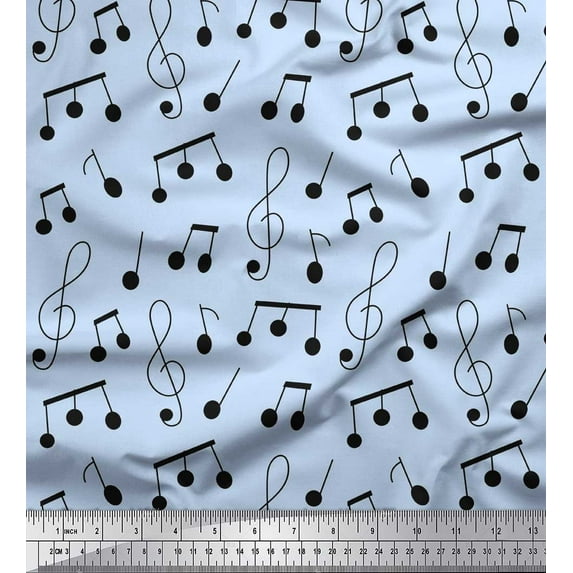 Soimoi Blue Poly Georgette Fabric Notes Musical Instrument Print Sewing Fabric Yard 42 Inch Wide