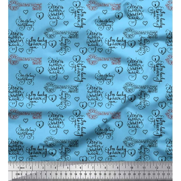 Soimoi Blue Poly Georgette Fabric Positive Quotes & Heart Text Fabric Prints By Yard 42 Inch Wide