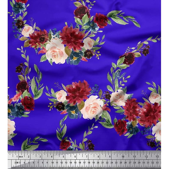 Soimoi Blue Poly Georgette Fabric Ranunculus & Penoy Floral Print Print Fabric by the Yard 42 Inch Wide