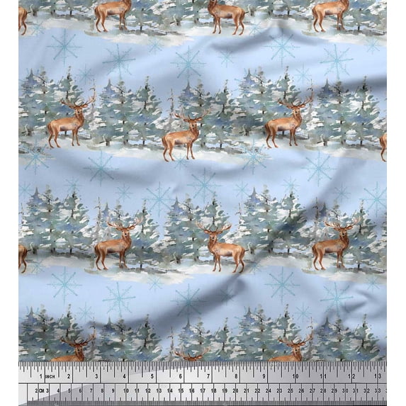 Soimoi Blue Poly Georgette Fabric Reindeer & Snowflakes Tree Printed Craft Fabric by the Yard 52 Inch Wide