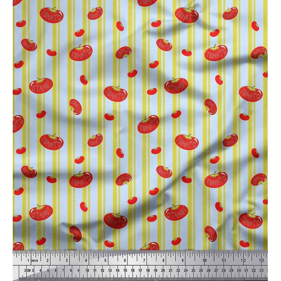 Soimoi Blue Poly Georgette Fabric Stripe & Tomato Vegetable Decor Fabric Printed Yard 42 Inch Wide
