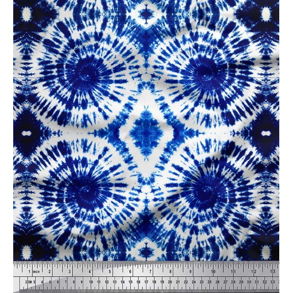 Soimoi Blue Poly Georgette Fabric Swirl Tie-Dye Printed Fabric 1 Yard 42 Inch Wide