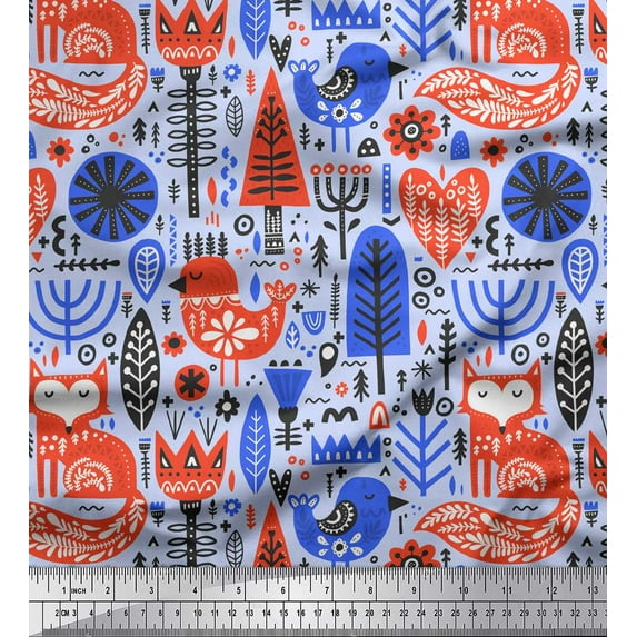 Soimoi Blue Poly Georgette Fabric Tree & Fox Folk Art Printed Fabric 1 Yard 42 Inch Wide