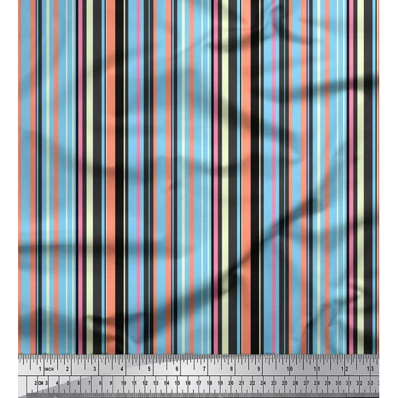 Soimoi Blue Poly Georgette Fabric Vertical Stripe Printed Fabric 1 Yard 52 Inch Wide