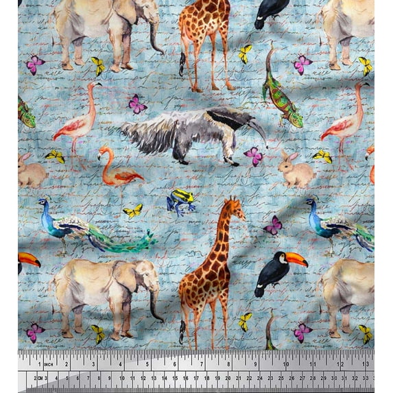 Soimoi Blue Polyester Crepe Fabric Birds,Elephant & Giraffe Animal Print Fabric by The Yard 42 Inch Wide