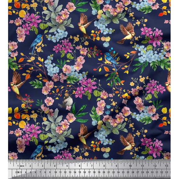 Soimoi Blue Polyester Crepe Fabric Floral,American Robin & Bluebird Bird Decor Fabric Printed BTY 42 Inch Wide