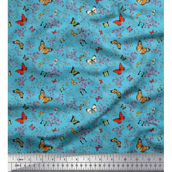 Soimoi Blue Polyester Crepe Fabric Flower & Butterfly Printed Craft Fabric by The Yard 42 Inch Wide
