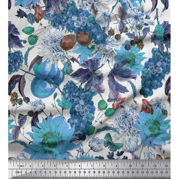 Soimoi Blue Polyester Crepe Fabric Grapes & Sunflower Flower Decor Fabric Printed BTY 42 Inch Wide