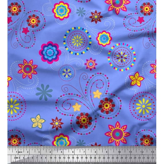 Soimoi Blue Polyester Crepe Fabric Insect & Floral Clip Art Fabric Prints by Yard 42 Inch Wide