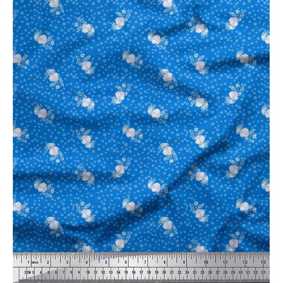 Soimoi Blue Rayon Crepe Fabric Artistic Flower & Dots Decor Fabric Printed Yard 46 Inch Wide