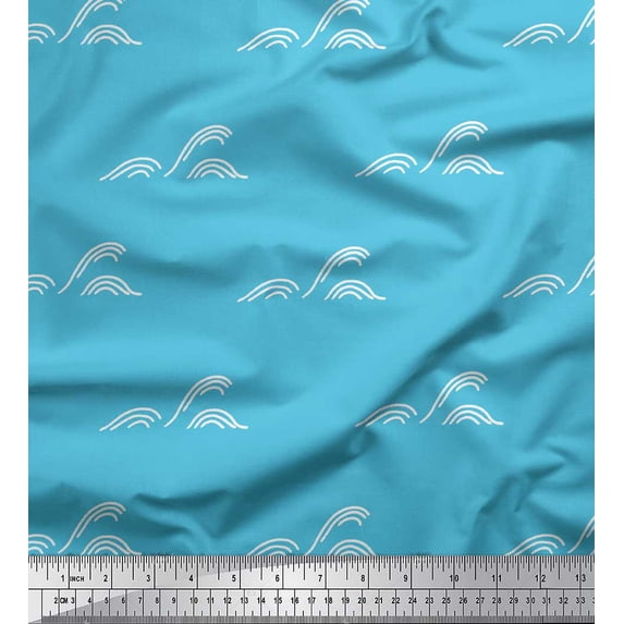 Soimoi Blue Rayon Crepe Fabric Artistic Waves Abstract Decor Fabric Printed Yard 46 Inch Wide