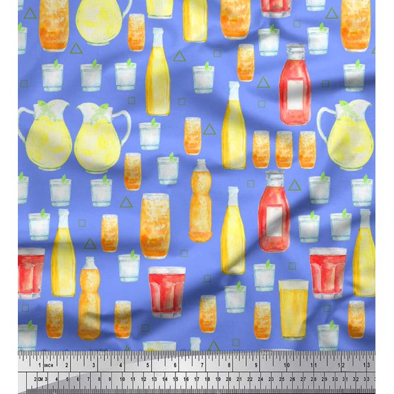Soimoi Blue Rayon Crepe Fabric Bottle & Glass Kitchen Print Fabric by Yard 46 Inch Wide