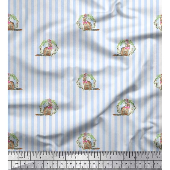 Soimoi Blue Rayon Crepe Fabric Cat & Wreath Stripe Print Fabric by the Yard 46 Inch Wide