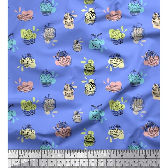 Soimoi Blue Rayon Crepe Fabric Cupcakes Food Print Fabric by Yard 46 Inch Wide