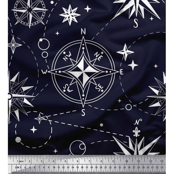 Soimoi Blue Rayon Crepe Fabric Direction Compass Nautical Decor Fabric Printed Yard 46 Inch Wide