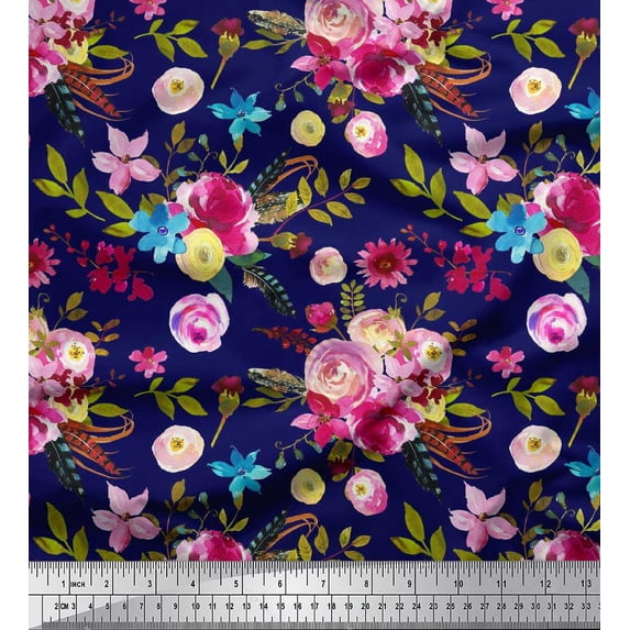 Soimoi Blue Rayon Crepe Fabric Feather,Leaves & Ranunculus Floral Fabric Prints By Yard 46 Inch Wide