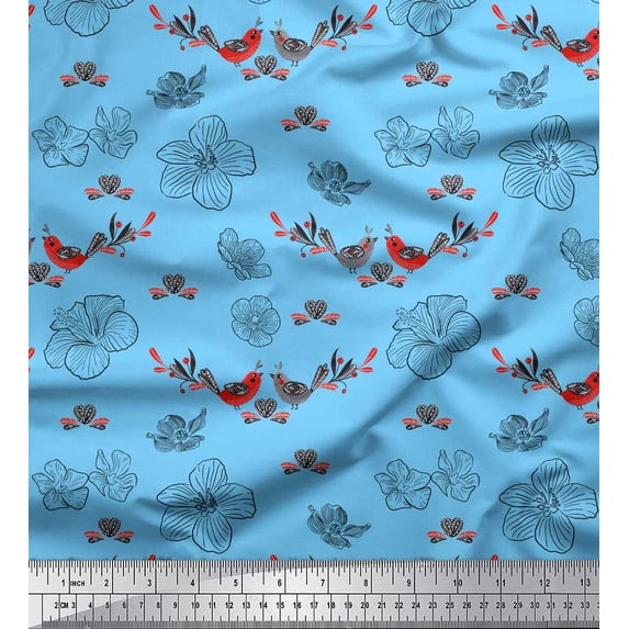 Soimoi Blue Rayon Crepe Fabric Floral,Heart & Bird Folk Art Printed Craft Fabric by the Yard 46 Inch Wide