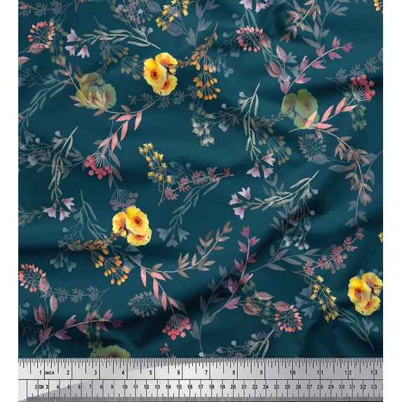 Soimoi Blue Rayon Crepe Fabric Leaf Floral Print Fabric by Yard 46 Inch Wide