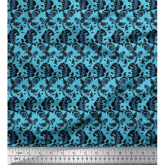 Soimoi Blue Rayon Crepe Fabric Leaves & Floral Ethnic Print Fabric by the Yard 46 Inch Wide