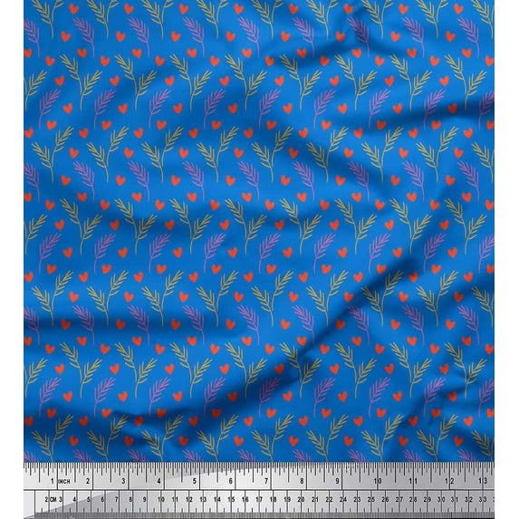 Soimoi Blue Rayon Crepe Fabric Leaves & Heart Decor Fabric Printed Yard 46 Inch Wide