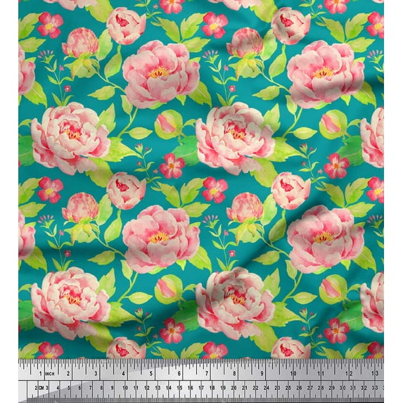 Soimoi Blue Rayon Crepe Fabric Leaves & Peony Floral Print Fabric by Yard 46 Inch Wide