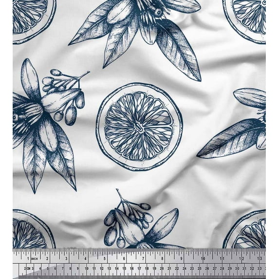 Soimoi Blue Rayon Crepe Fabric Lemon Slice & Floral Print Fabric by the Yard 46 Inch Wide