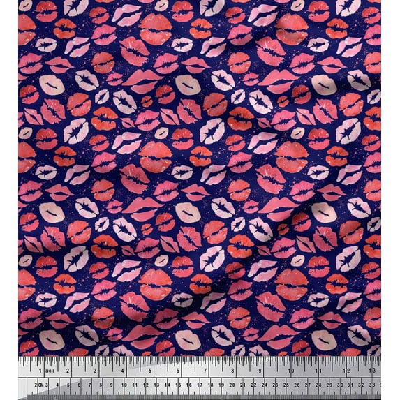 Soimoi Blue Rayon Crepe Fabric Lips Women Print Fabric by the Yard 46 Inch Wide