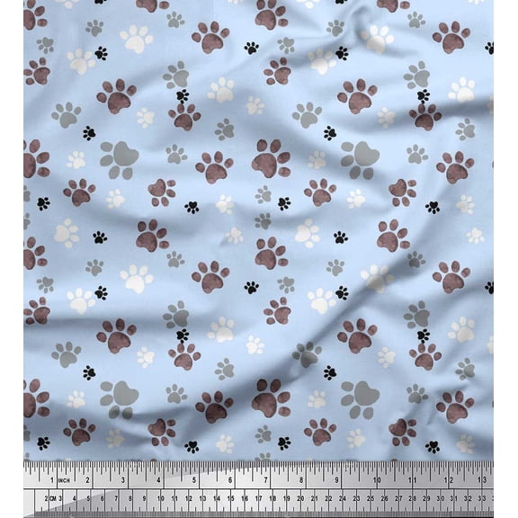 Soimoi Blue Rayon Crepe Fabric Paw Dog Printed Fabric 1 Yard 46 Inch Wide