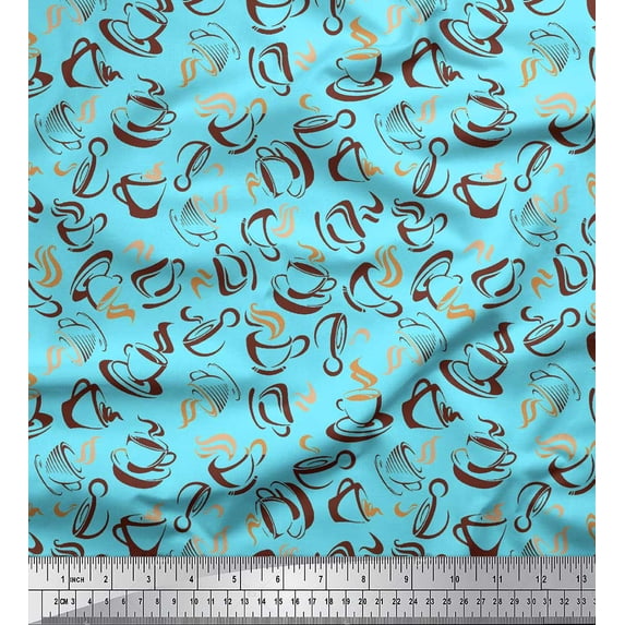 Soimoi Blue Rayon Crepe Fabric Plate & Teacup Beverages Printed Fabric 1 Yard 46 Inch Wide