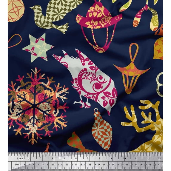 Soimoi Blue Rayon Crepe Fabric Reindeer,Oranaments & Tree Christmas Printed Craft Fabric by the Yard 46 Inch Wide