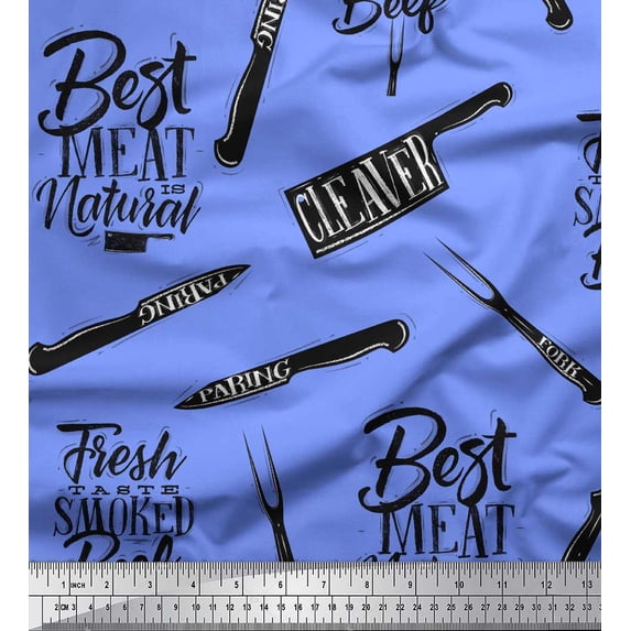 Soimoi Blue Rayon Crepe Fabric Text & Knife Kitchen Print Fabric by the Yard 46 Inch Wide