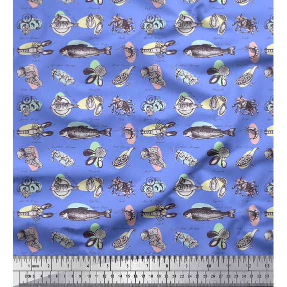 Soimoi Blue Rayon Crepe Fabric Text & Sea Food Kitchen Print Fabric by the Yard 46 Inch Wide