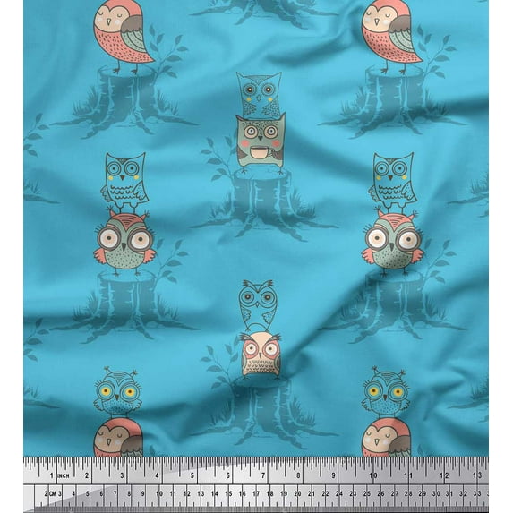 Soimoi Blue Rayon Crepe Fabric Tree Stump & Owl Cartoon Printed Craft Fabric by the Yard 46 Inch Wide