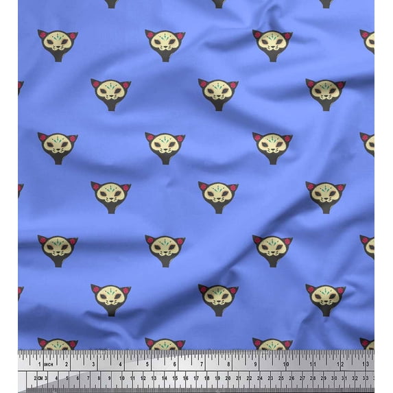 Soimoi Blue Rayon Crepe Fabric Tribal Cat Face Printed Craft Fabric by the Yard 46 Inch Wide