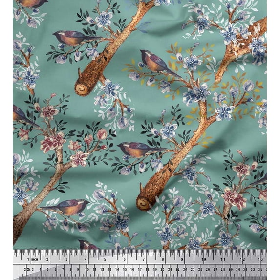 Soimoi Blue Rayon Fabric Blue Floral & American Robin Bird Print Fabric by Yard 56 Inch Wide