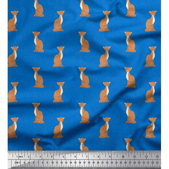 Soimoi Blue Rayon Fabric Cats Geometric Decor Fabric Printed Yard 42 Inch Wide
