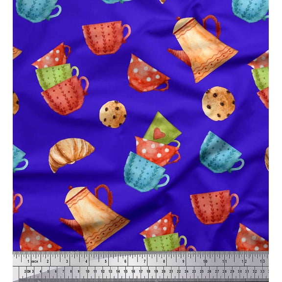 Soimoi Blue Rayon Fabric Kettle & Cups Kitchen Printed Fabric 1 Yard 56 Inch Wide